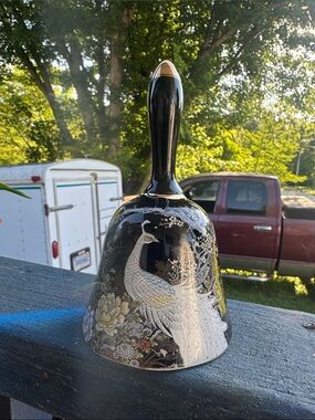 Shibata Japan Black Decorative porcelain Peacock Hand Bell vintage